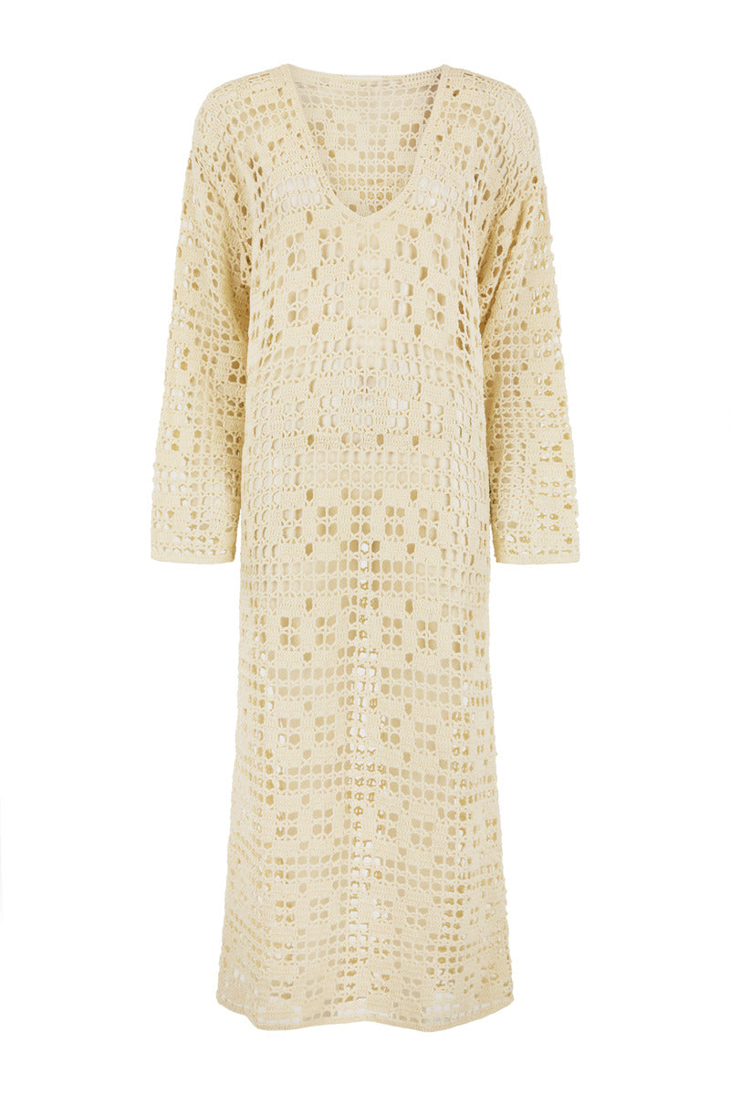 womens cream cotton crochet maxi dress front view
