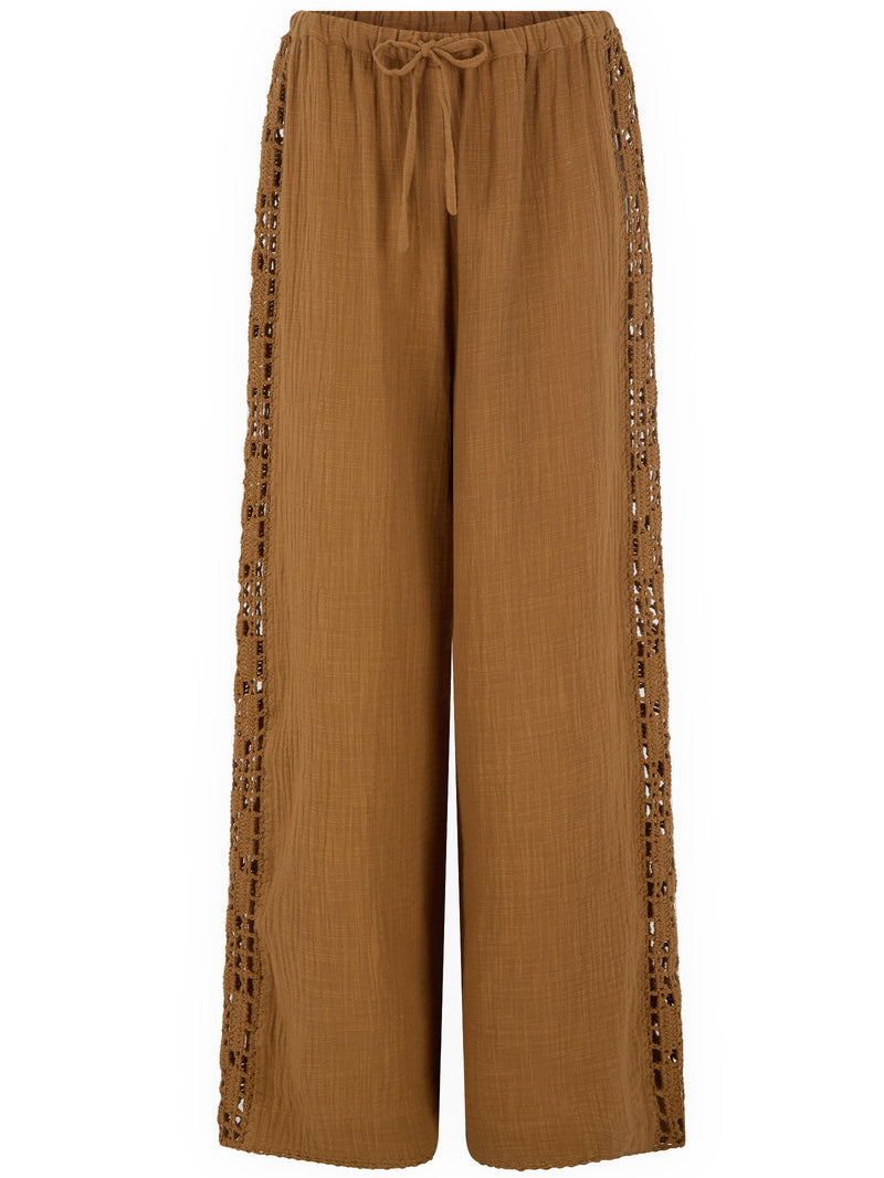 womens tan cotton crochet pant front view