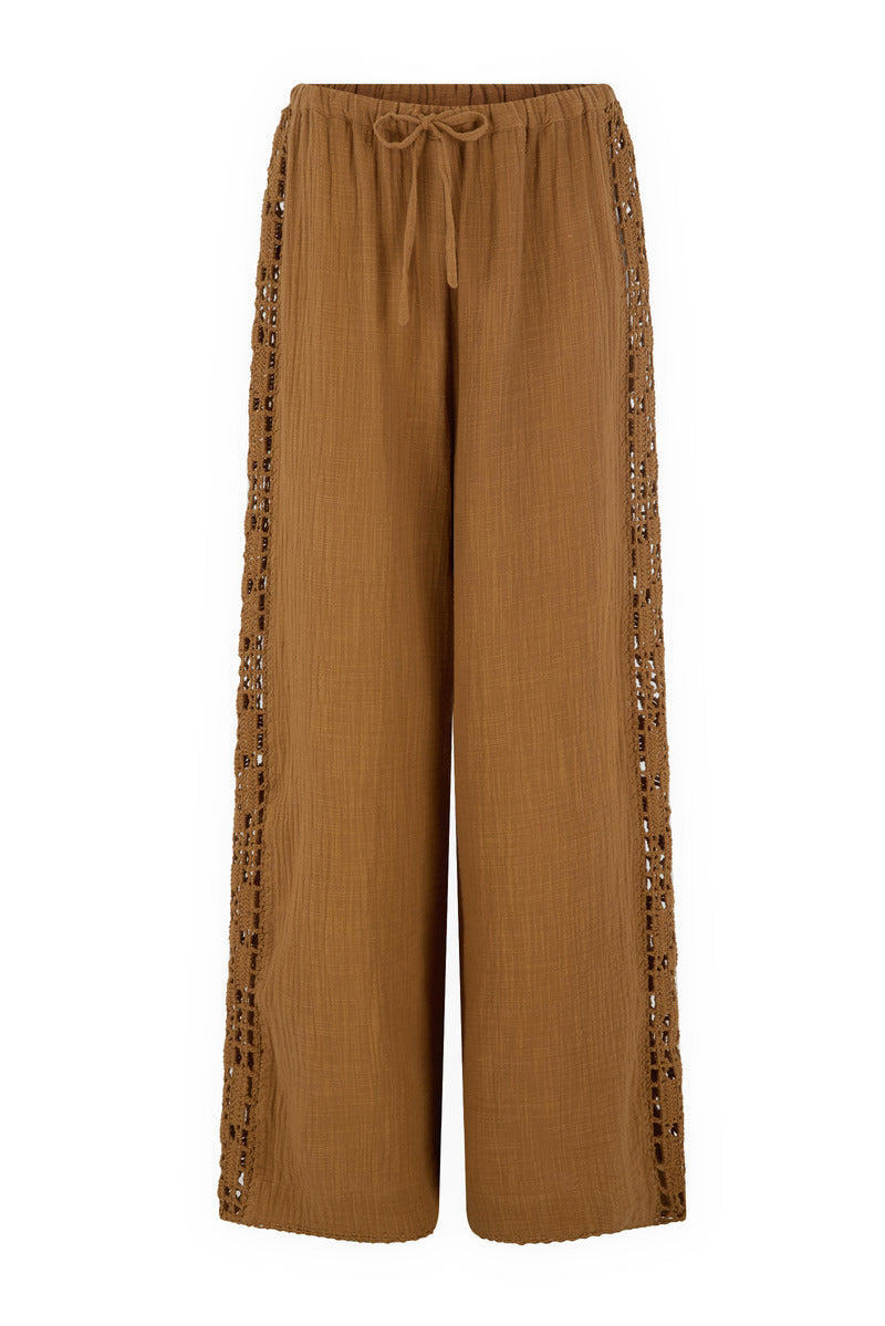 womens tan cotton crochet pant front view