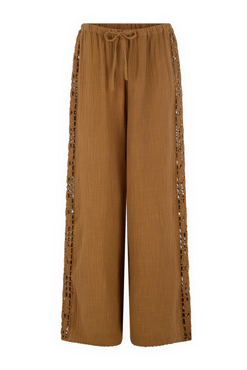 womens tan cotton crochet pant front view