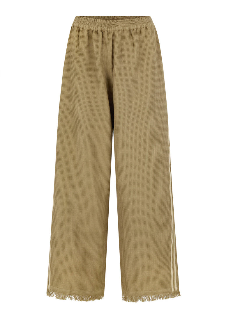 womens taupe cotton waffle pant with side stripe