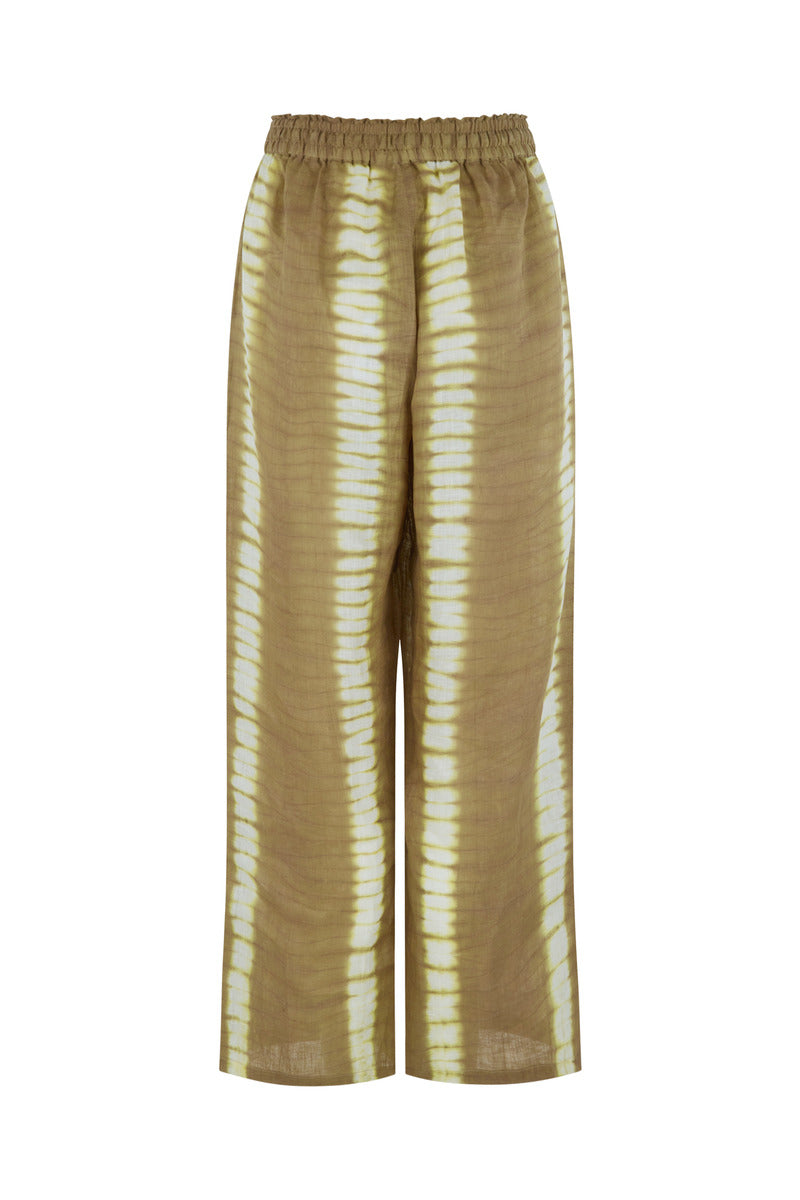 womens taupe cotton tie dye pants front view