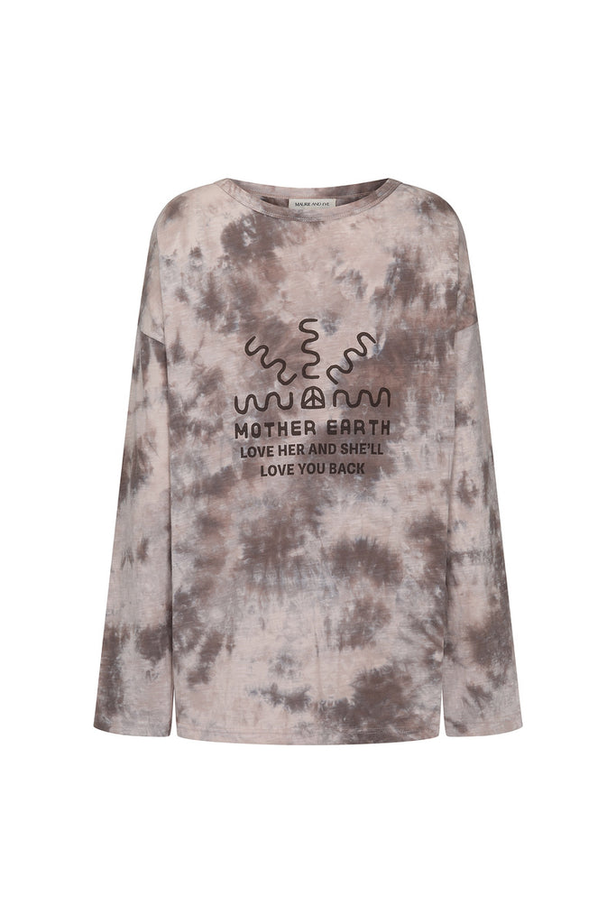 womens taupe tie dye print top front view
