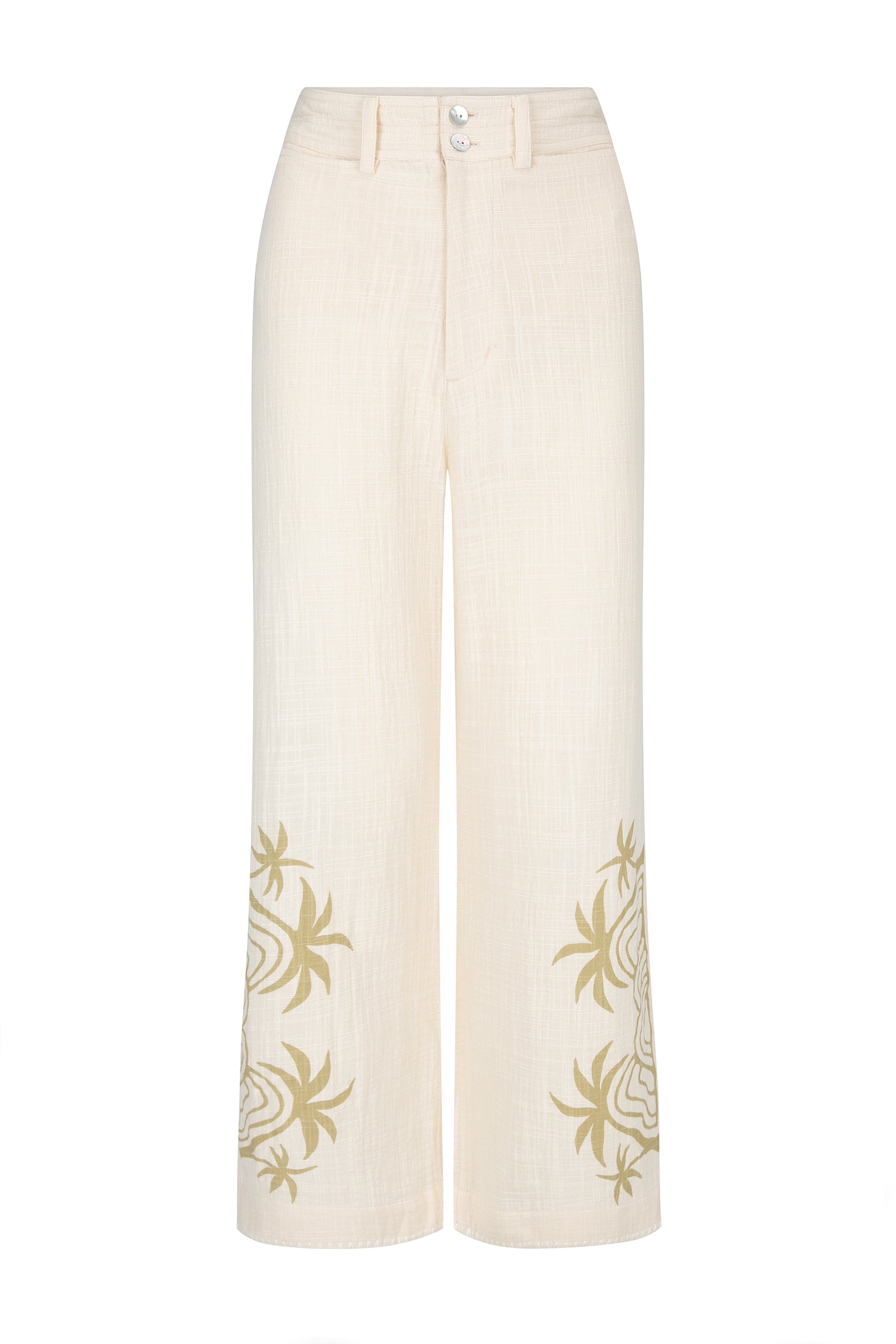women's cotton cream palm print pant front view