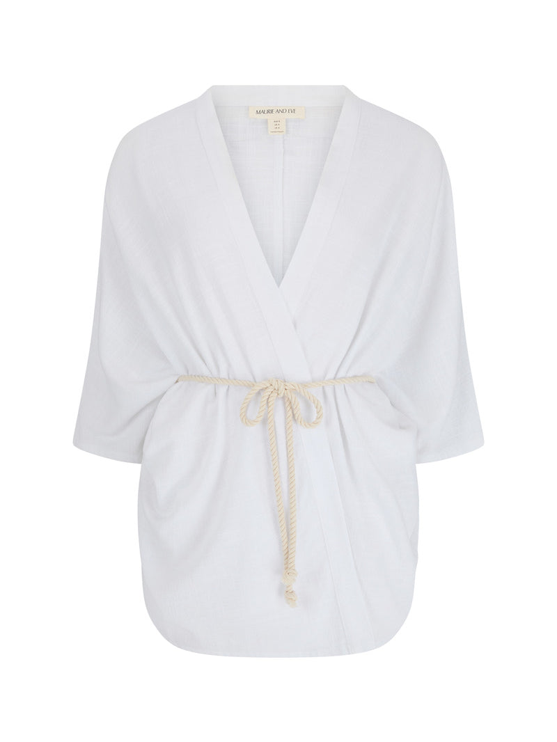 womens white cotton kimono with belt front view