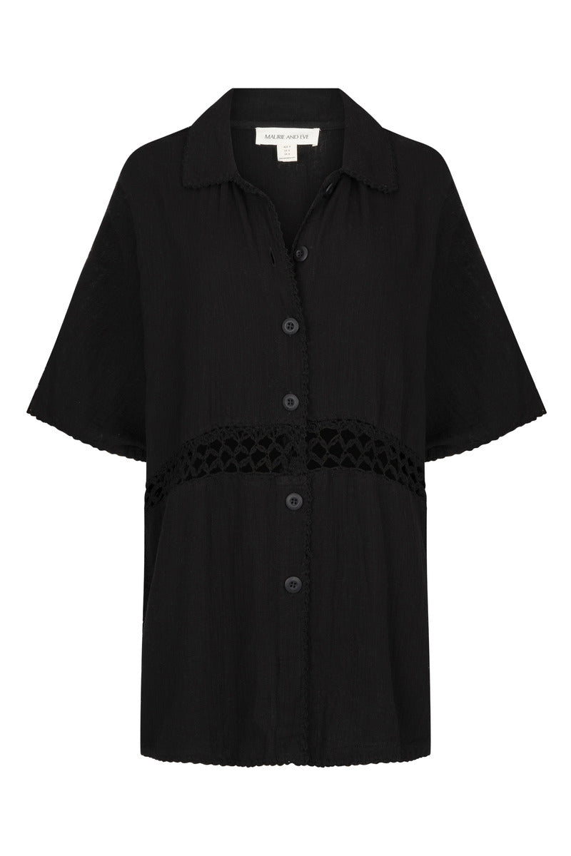 Womens black cotton crochet shirt, ghost imagery