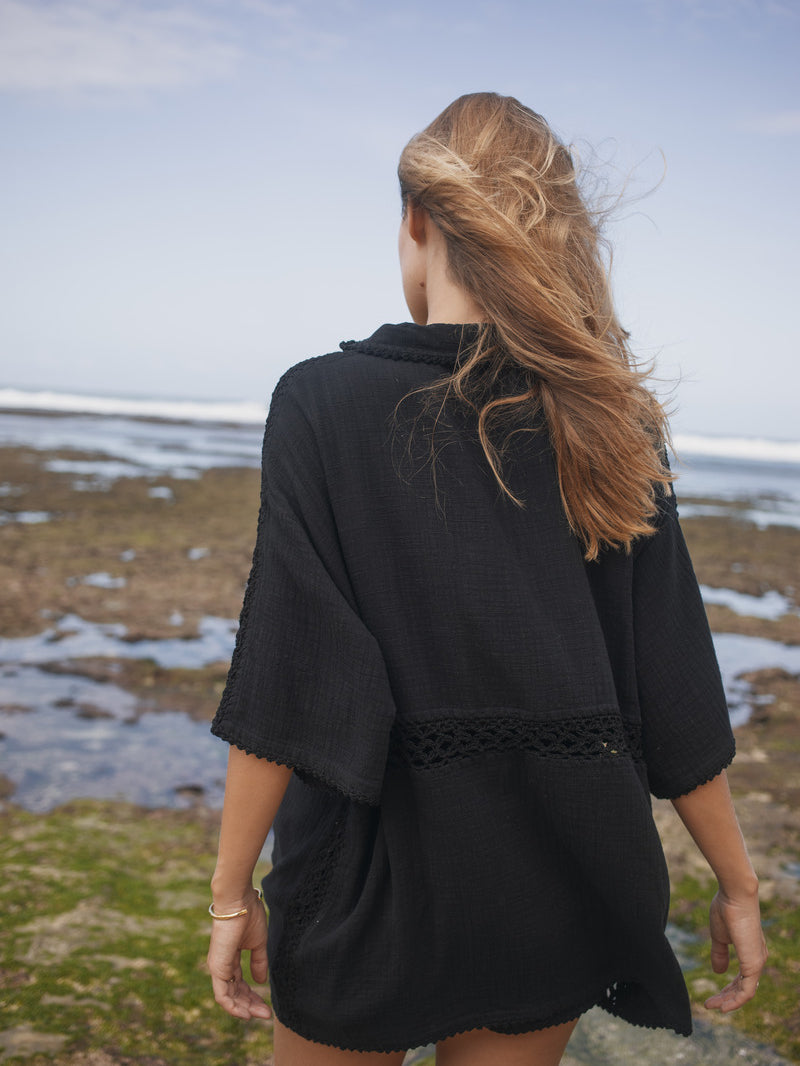 Womens black cotton crochet shirt, back view