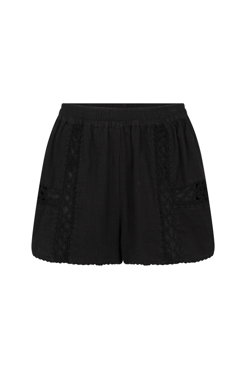 Womens black cotton crochet short, front view