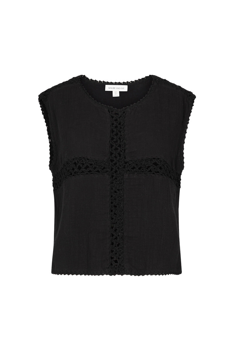 Womens black cotton crochet tank, ghost imagery