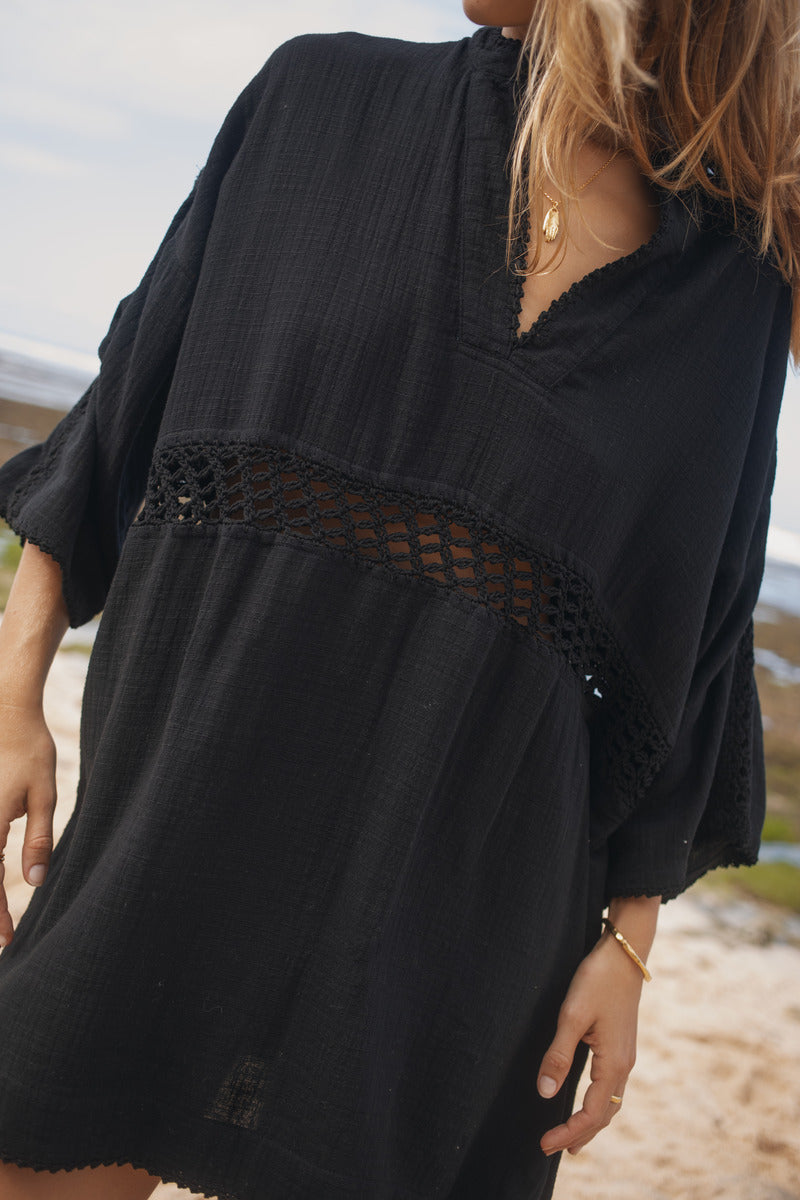 Womens black cotton crochet mini dress, close up view