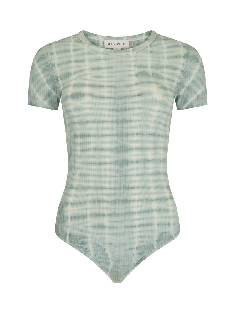 womens cotton spandex tie dye baby blue bodysuit front view
