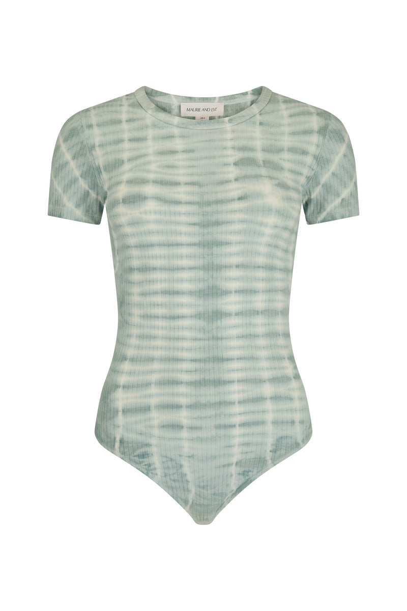 womens cotton spandex tie dye baby blue bodysuit front view