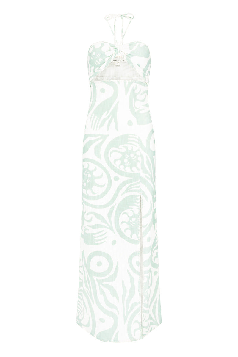 Womens artist print halter midi dress front view