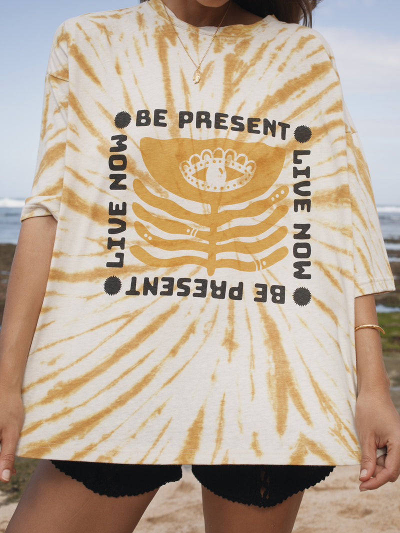 Womens cotton yellow tie dye tee, be present, front view