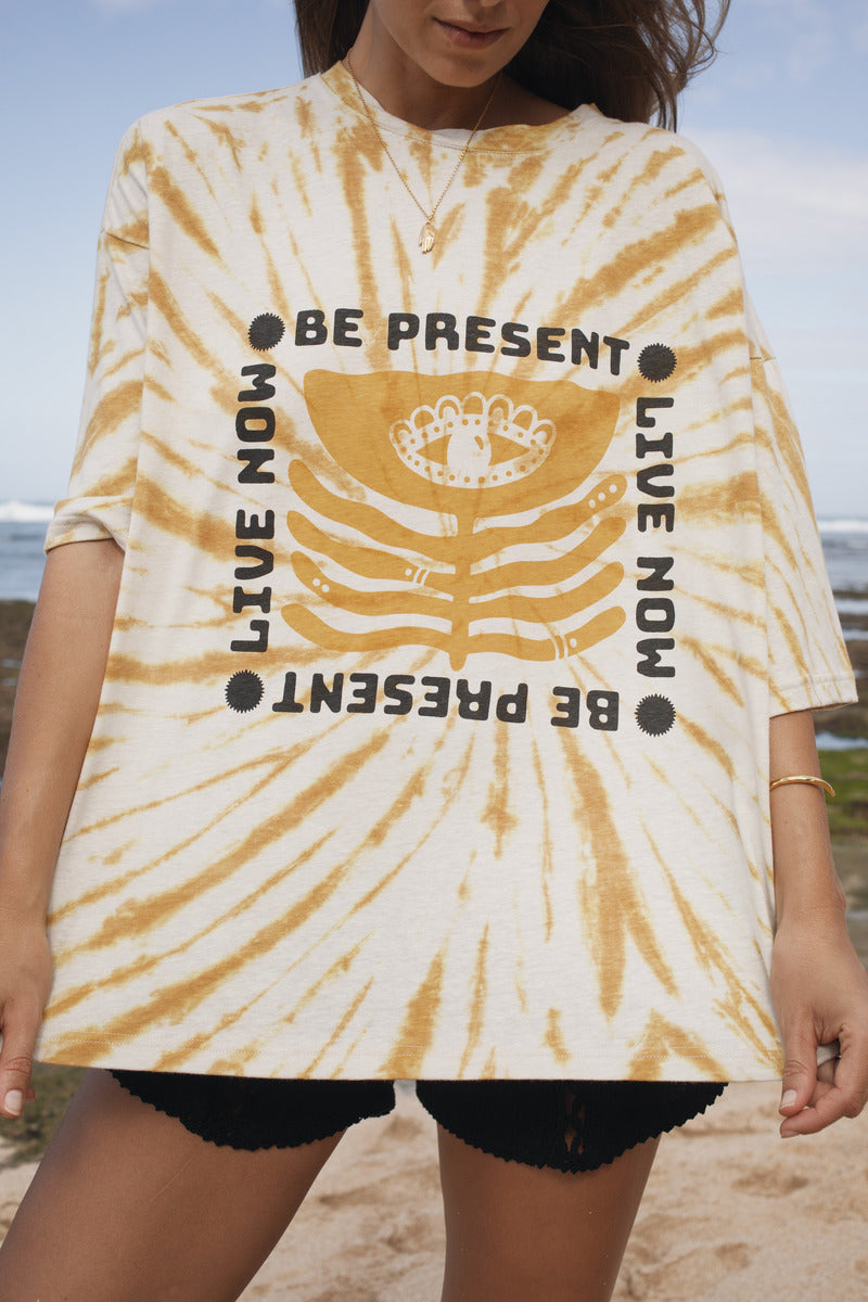 Womens cotton yellow tie dye tee, be present, front view