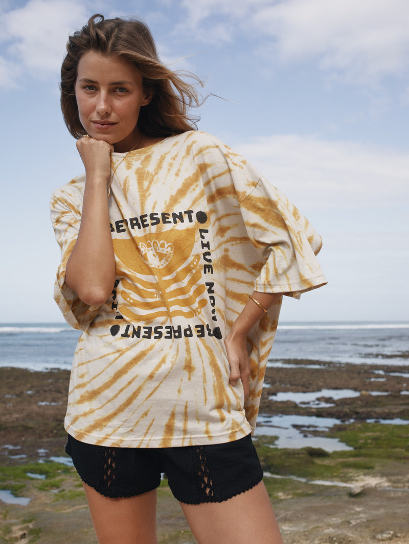 Womens cotton yellow tie dye tee, be present, front view