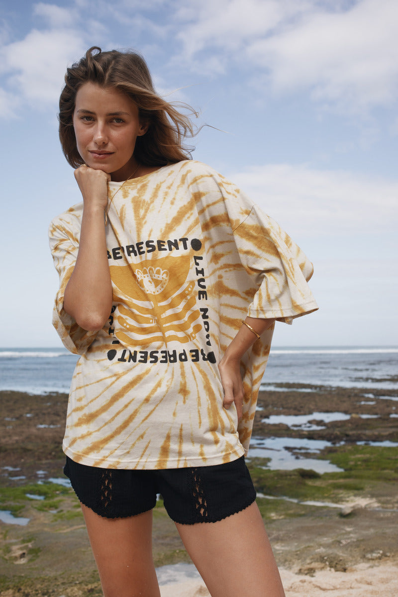 Womens cotton yellow tie dye tee, be present, front view
