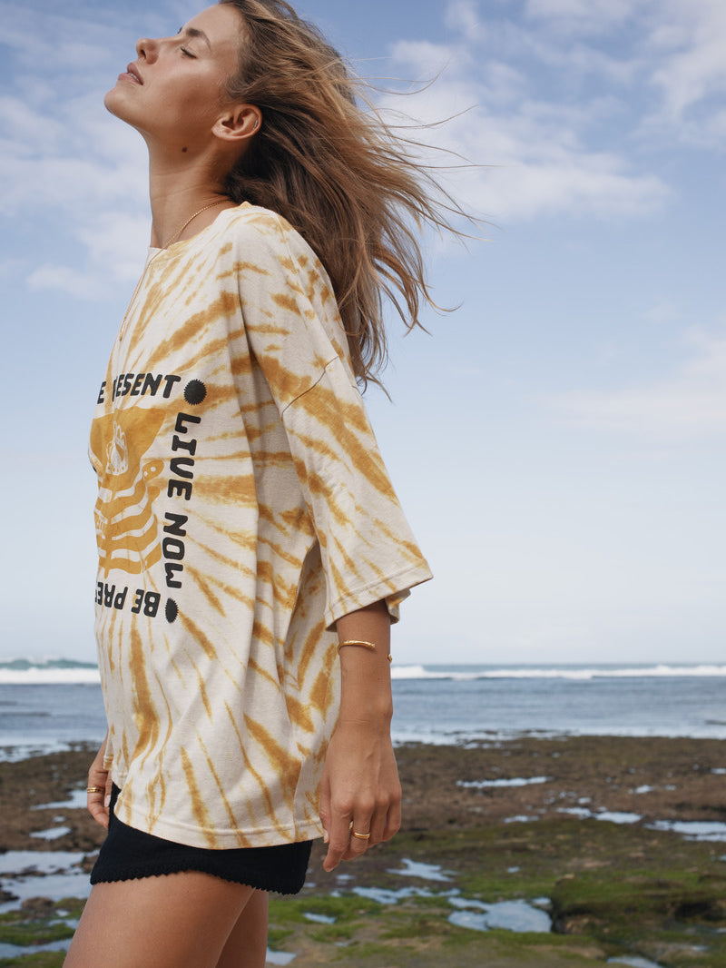 Womens cotton yellow tie dye tee, be present, side view