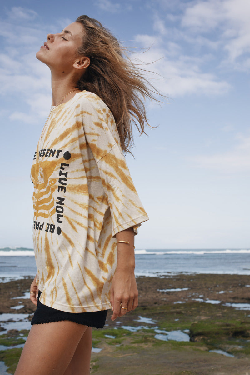 Womens cotton yellow tie dye tee, be present, side view