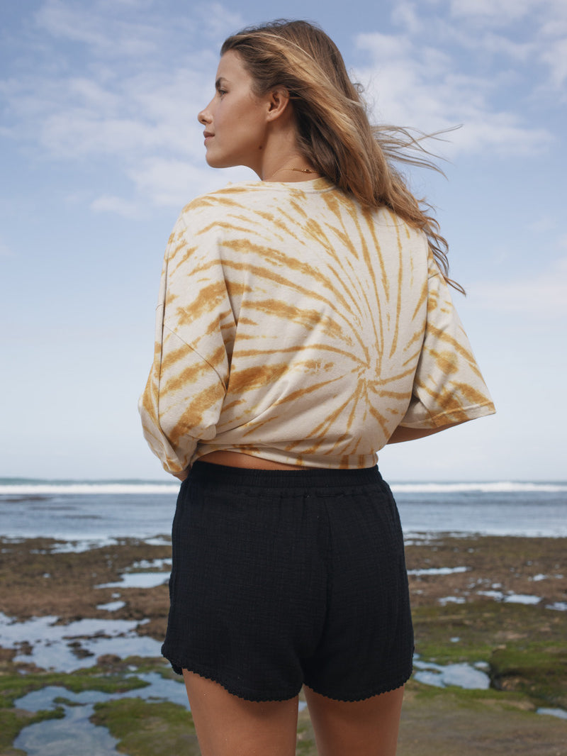 Womens cotton yellow tie dye tee, be present, back view