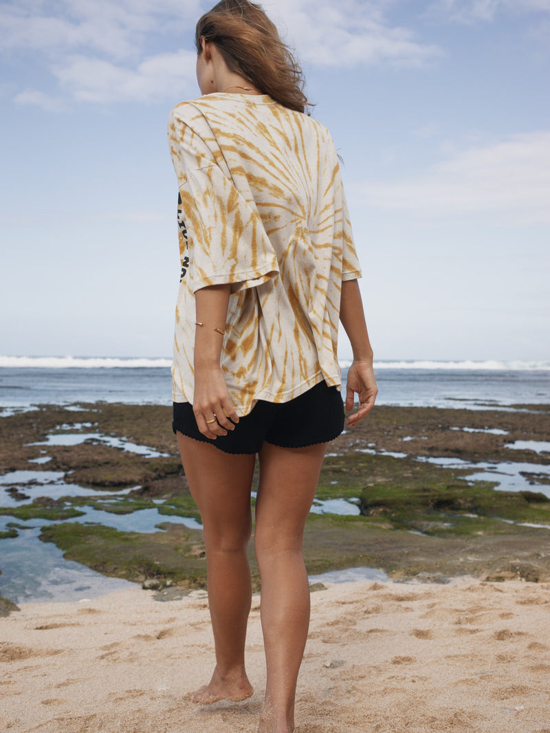 Womens cotton yellow tie dye tee, be present, back view