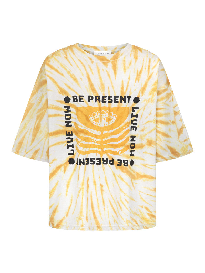 Womens cotton yellow tie dye tee, be present, ghost imagery