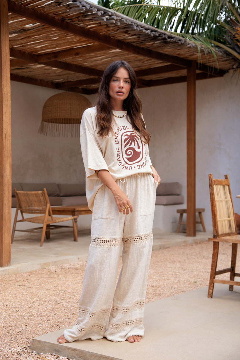 womens cotton crochet panel pant natural hue