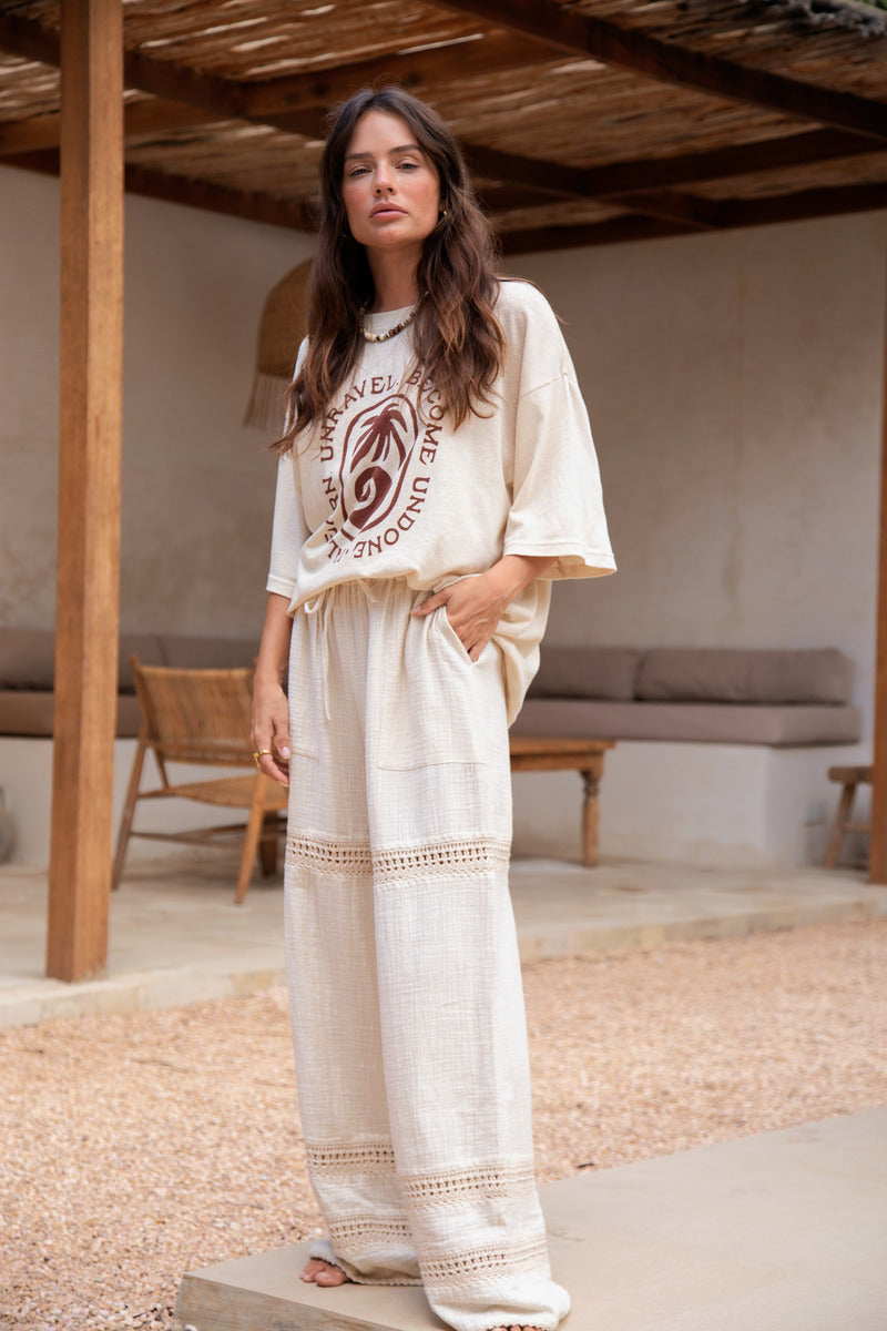 womens cotton crochet panel pant natural hue
