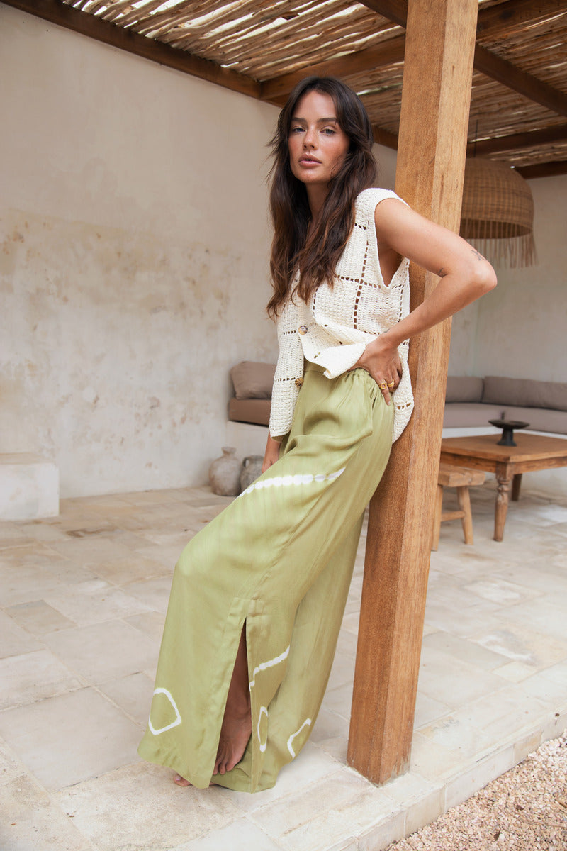 women's tie dye green flared pant side view