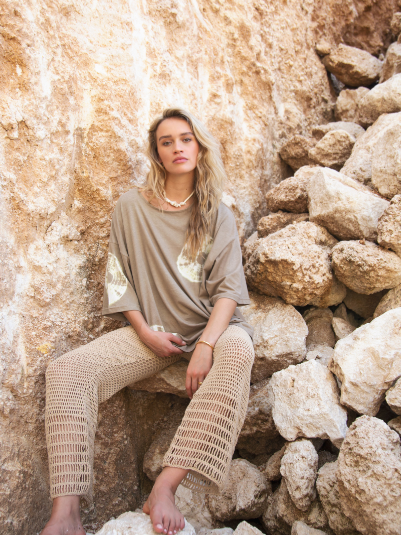 womens natural cotton crochet pant front view