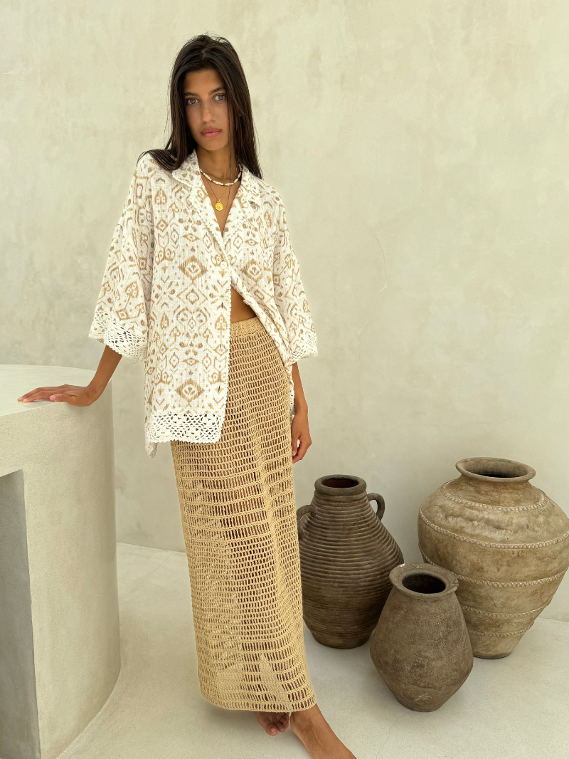 model wearing cotton crochet skirt and artist print shirt