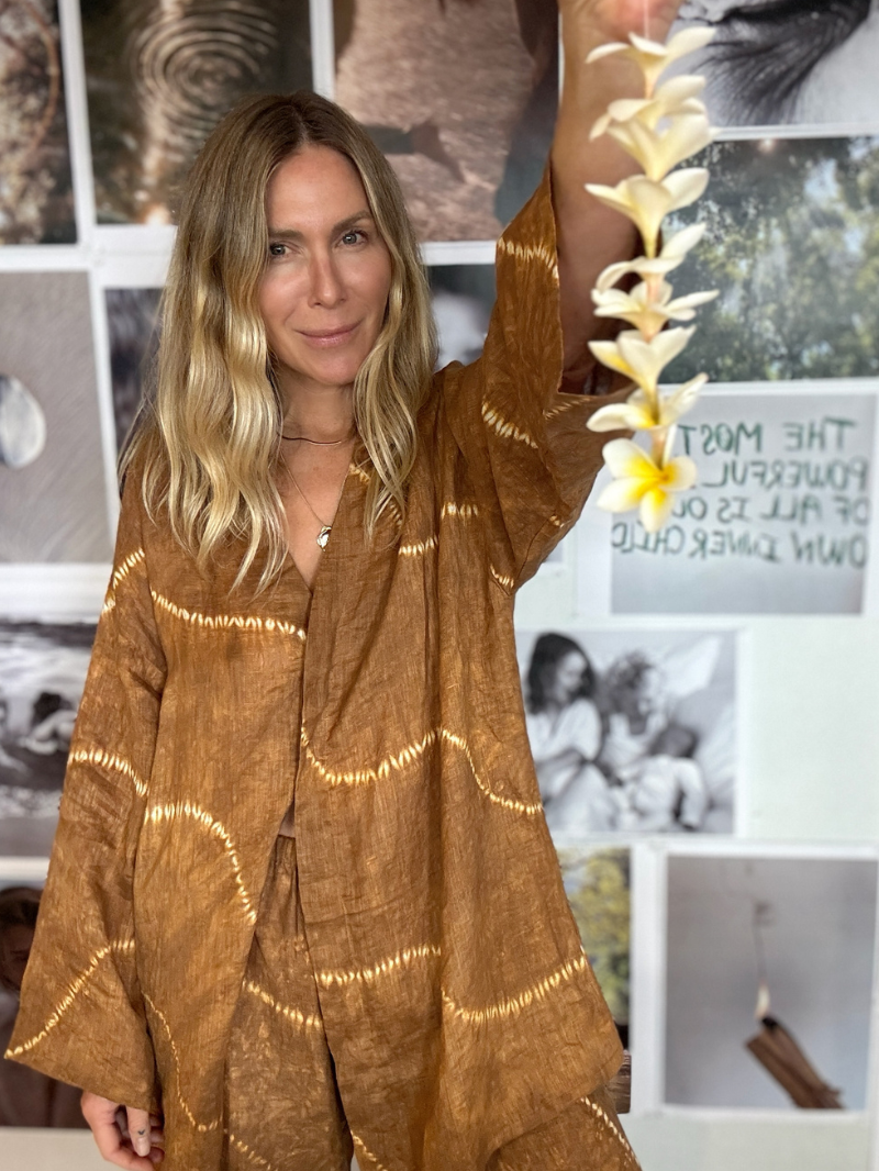Founder wearing matching linen tan tie dye set