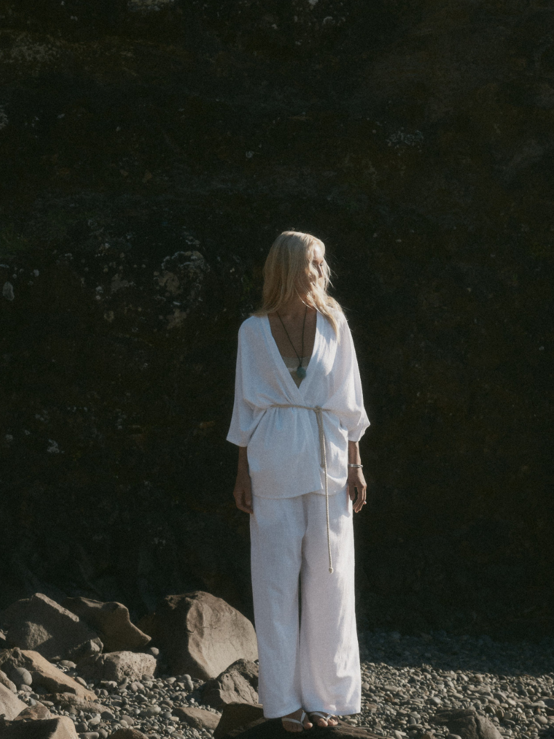 womens white cotton kimono with belt and pant set