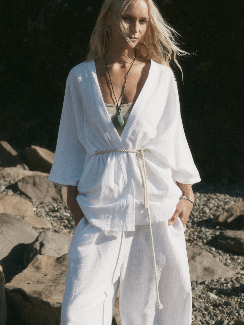 womens white cotton kimono with belt front view
