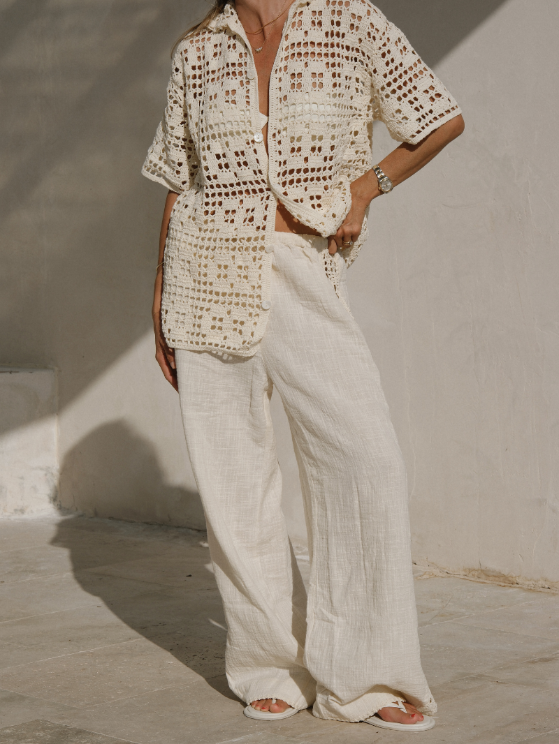 womens cream cotton crochet shirt with pant