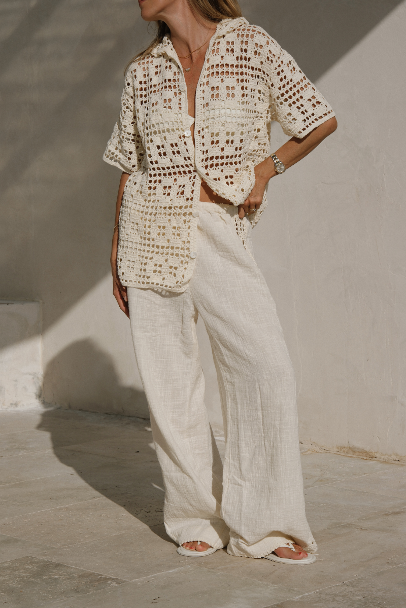 Fredrika wearing cotton crochet pant and shirt