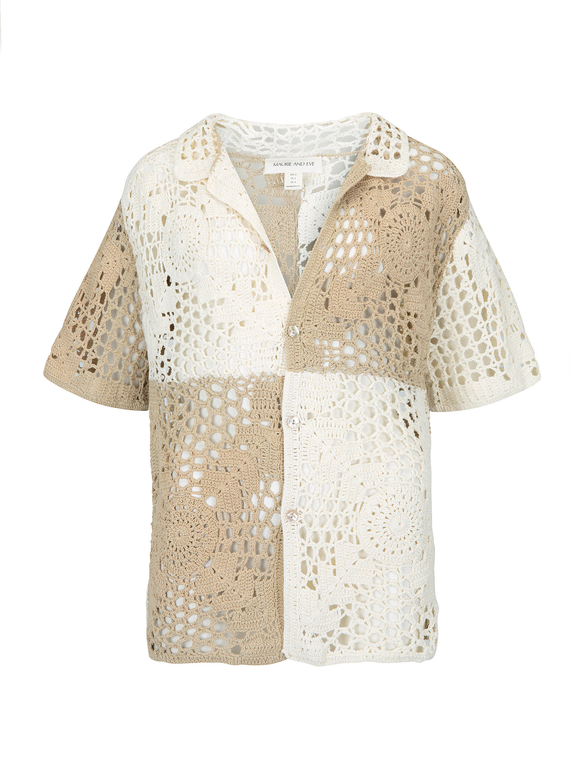 women's crochet tonal patchwork shirt front view
