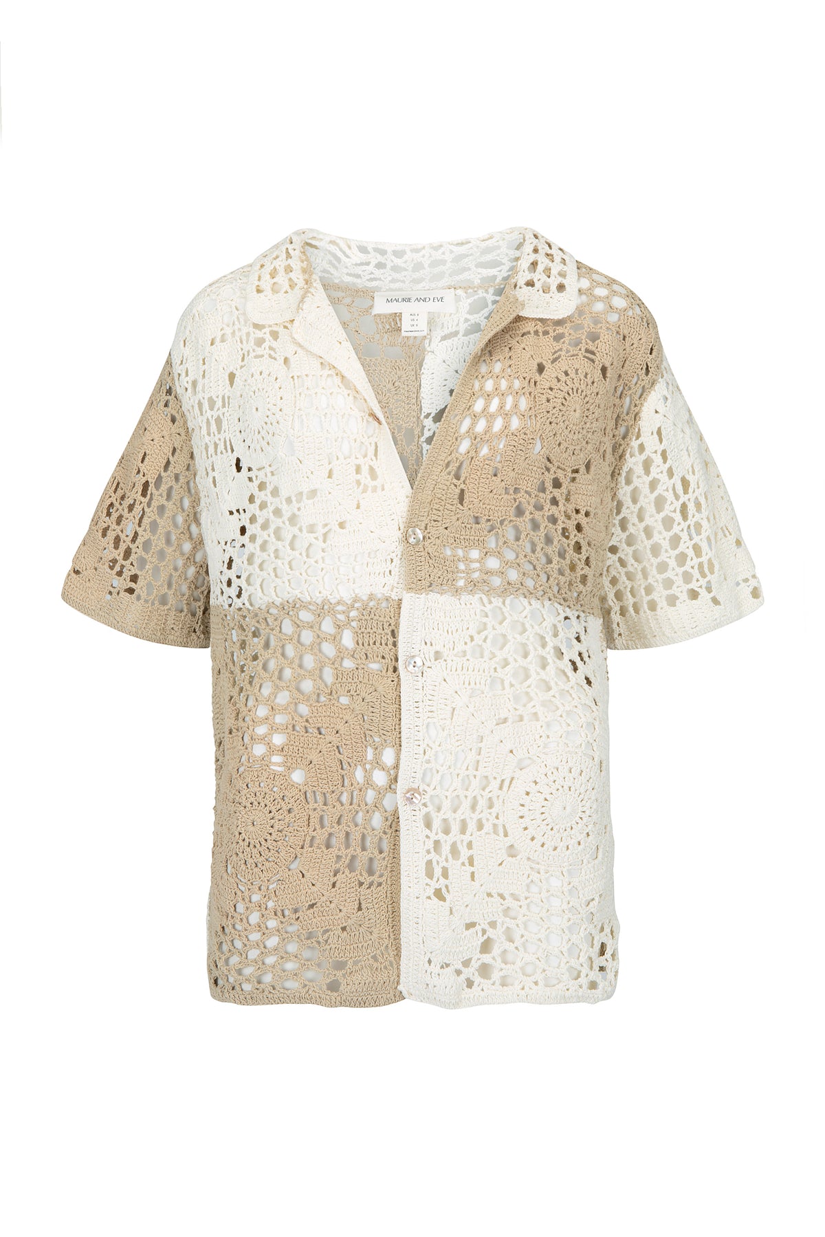 women's crochet tonal patchwork shirt front view