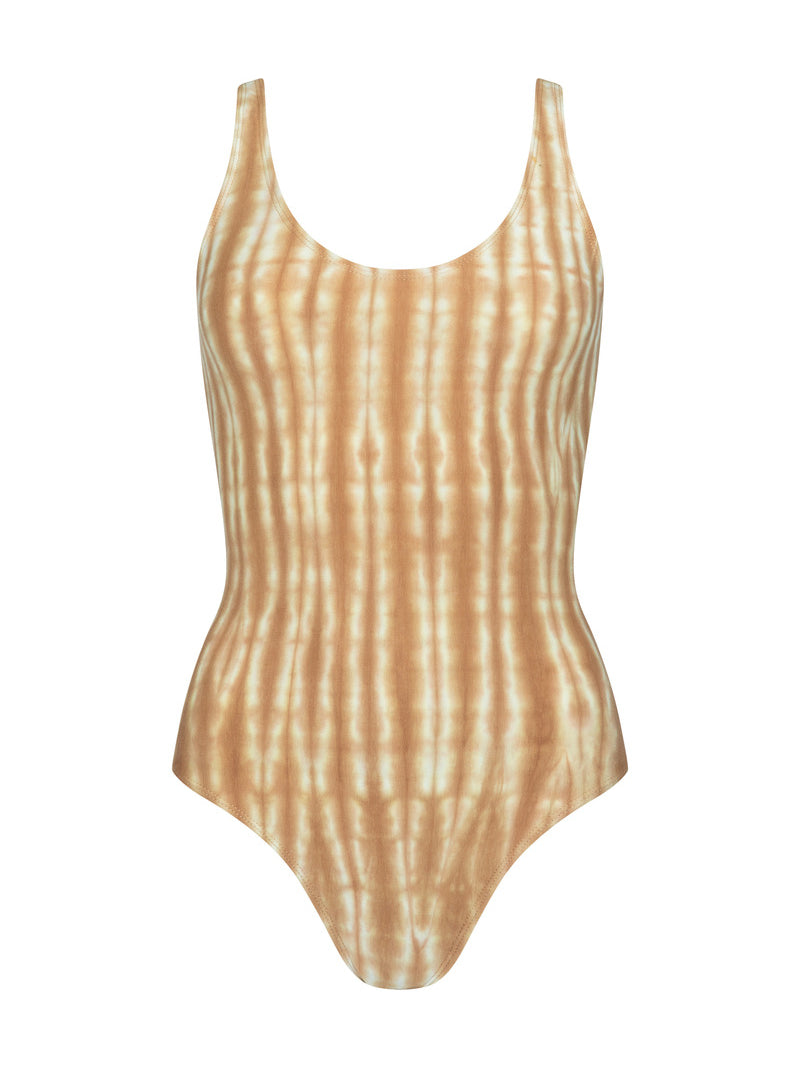Womens cotton tan tie dye bodysuit, ghost imagery