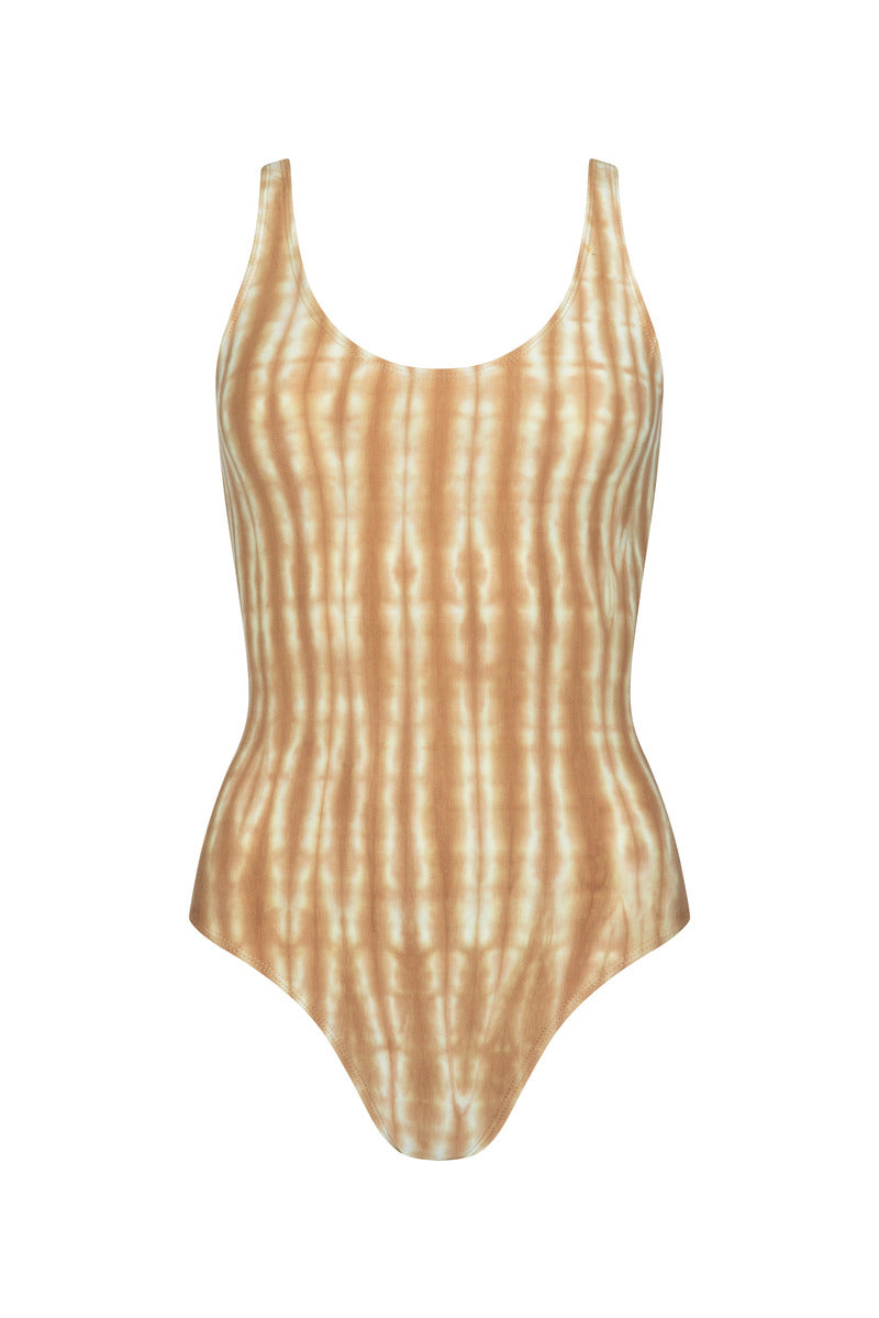 Womens cotton tan tie dye bodysuit, ghost imagery