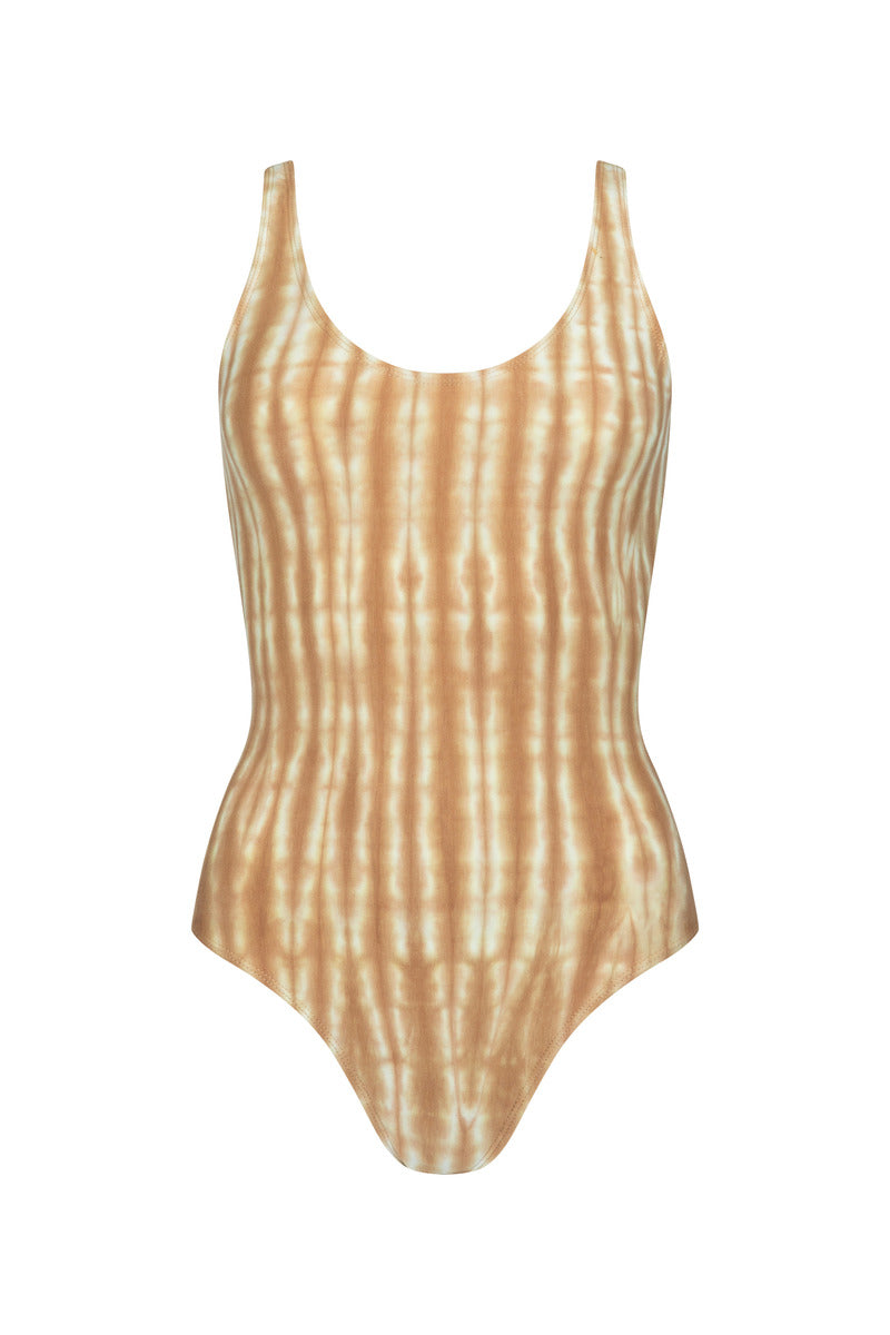 Womens cotton tan tie dye bodysuit, ghost imagery