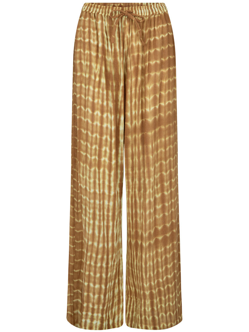 Womens tan cotton tie dye pant, ghost imagery