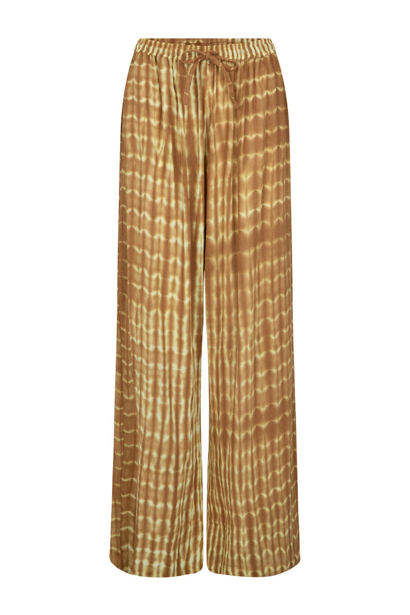 Womens tan cotton tie dye pant, ghost imagery