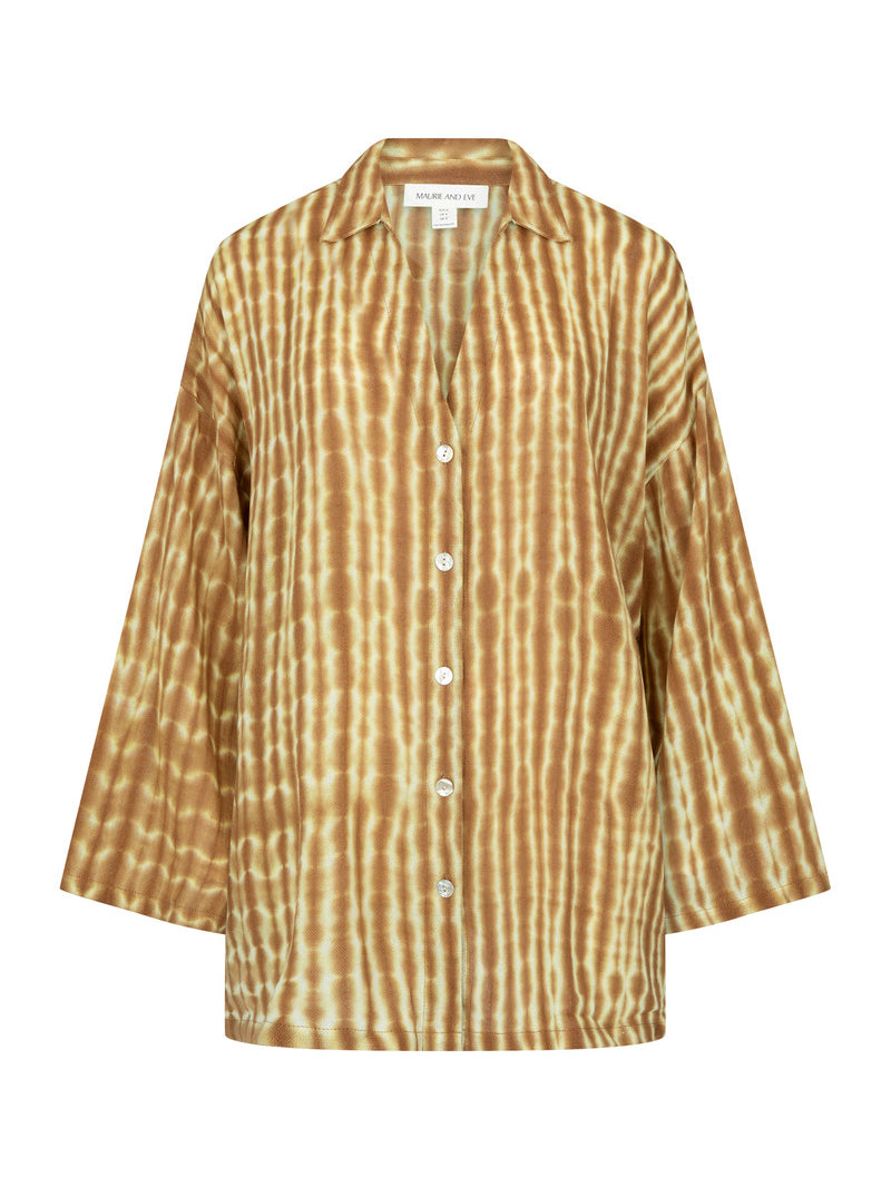 Womens tan cotton tie dye shirt, ghost imagery
