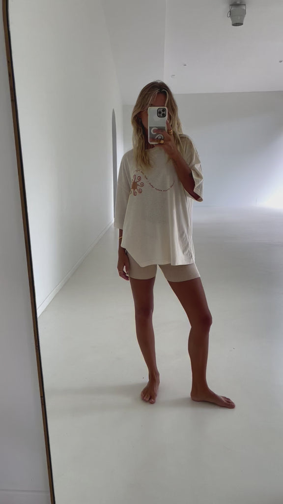 model wearing organic cotton short with artist print tee