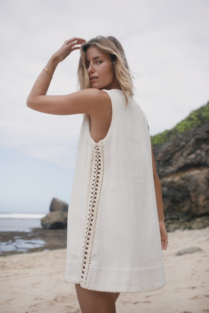 Womens White sleeveless cotton mini dress with crochet panelling