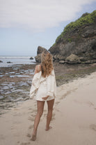 Womens cream cotton shirt with crochet panelling