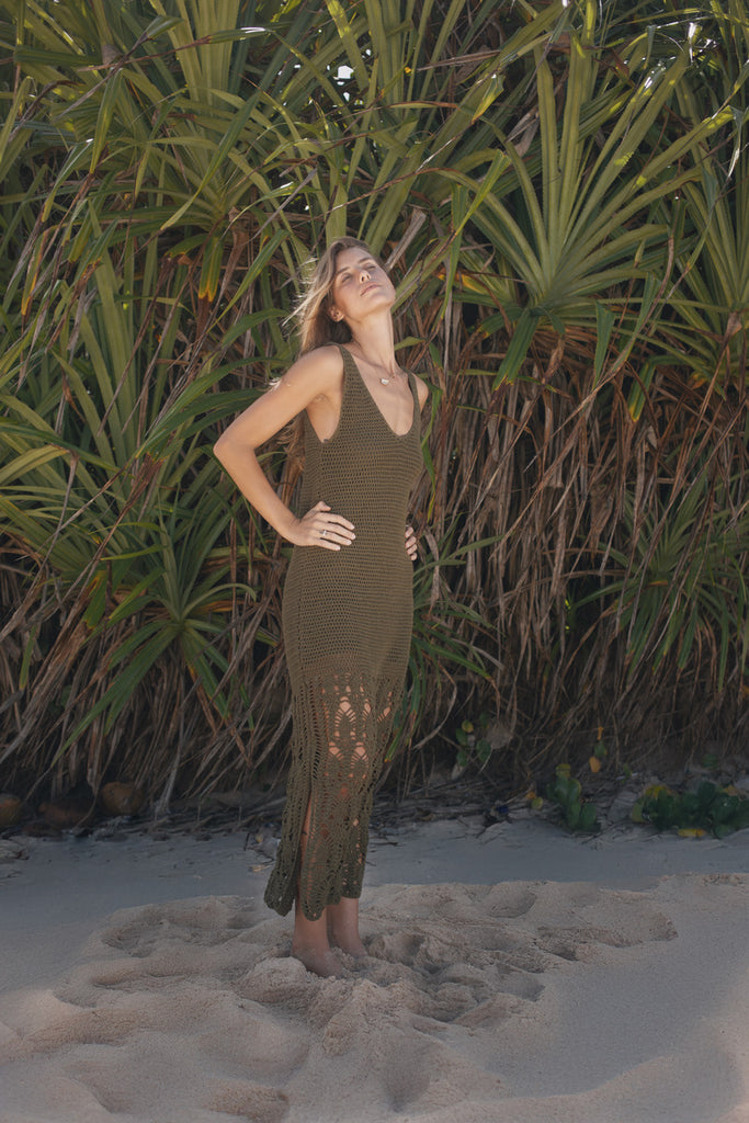 Womens cotton crochet Khaki maxi dress 