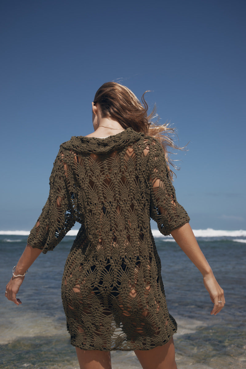 Khaki green cotton crochet mini dress