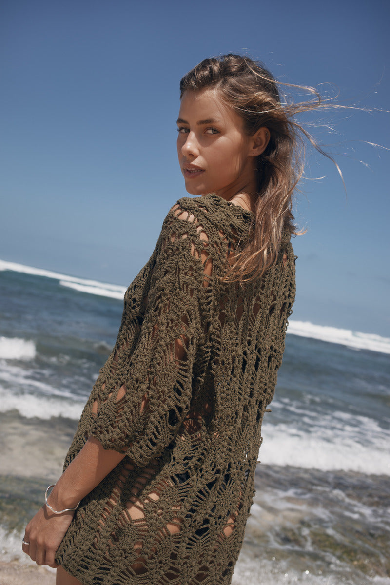 Khaki green cotton crochet mini dress